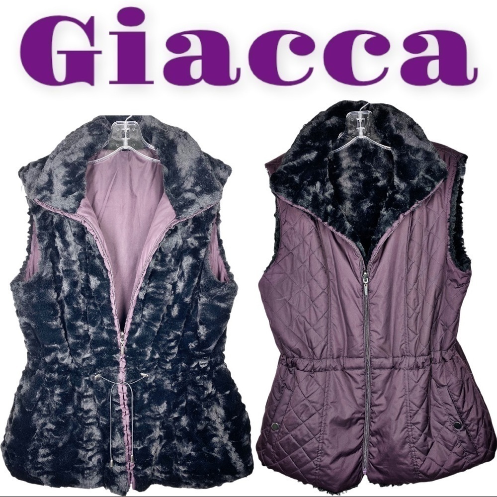 GIACCA Reversible Faux Fur Quilted Puffer Vest in Black & Purple, Size Medium